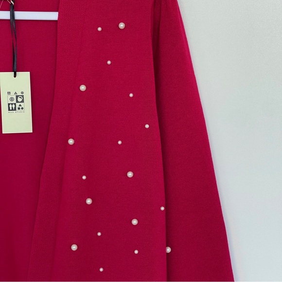 Max Studio Knit Cardigan Pearls Embellished Open Front Long Sleeves Red Ribbed - Picture 2 of 14